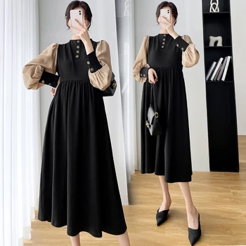 Sonbahar Kış Kore Moda Hamile uzun elbise Patchwork Bir Çizgi Ince Hamile Kadınlar ıçin Ins Şık Gebelik Giysileri