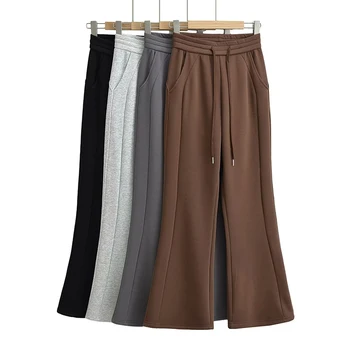 Sonbahar Kış Yeni Sweatpants Kadınlar Yüksek belli İpli Flare Pantolon Streetwear Yüksek Kaliteli Kadın rahat pantolon