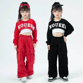 Sonbahar Çocuklar Kızlar Streetwear Hip Hop Caz Spor Setleri Sahne Gösterisi Elbise Kostüm T-shirt Kargo Pantolon Eşofman Çocuklar için