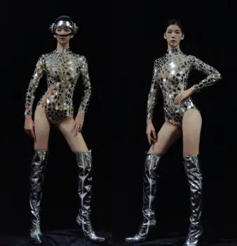 Sparkly Gümüş Aynalar Bodysuit Seksi Uzun Kollu Leotard Gogo Sahne PerformanceDancer Kostüm Doğum Günü Kutlamak F032