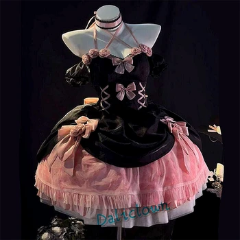Tatlı Gotik Lolita Elbise Kadın Kawaii Yay Ayı Çiçek Dantel Pembe Siyah Kapalı Omuz Prenses Elbise Kız Kadın Cadılar Bayramı Kostüm