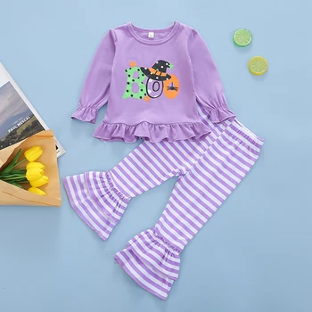 Toddler Bebek Kız 2 Parça Cadılar Bayramı Çan Alt Kıyafetler Mektup Baskı Uzun Kollu fırfırlı gömlek Çizgili Flare pantolon seti