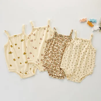 Toddler Bebek Kız Giysileri Sling Bodysuit Çiçek Armut Baskı Kolsuz Kare Boyun Yapış Crotch Tulum Bebek Yaz Giyim