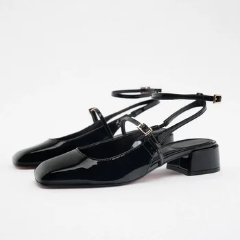 TRAF 2023 Yüksek Topuklu Mary Janes Ayakkabı Kadın Pompaları Topuklu Moda Çift Toka Kayış Pompaları Kadın Siyah Rugan ayakkabı