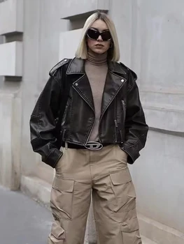 Vintage Kadınlar Gevşek Suni Deri Ceket 2023 Sonbahar Kış Moda Bayanlar Streetwear Paçavra Giyim Kadın Şık PU Kıyafetler