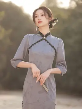 Vintage Mandarin Yaka Cheongsam Seksi Akşam Elbise Yaz Çin Tarzı Kadın Yüksek Bölünmüş Ince Qipao