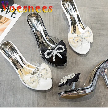 Yaz Yeni Peri Rüzgar Slaytlar Tatlı Kristal Kelebek Düğüm Kadın Ayakkabı Mizaç Şeffaf Süper Yüksek Topuklu Düğün Sandalet