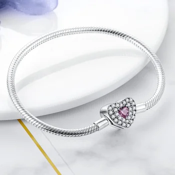 Yeni 925 Ayar Gümüş Pembe Kalp Bilezik Bilezik Bayanlar için Uygun Orijinal Boncuk ve Charm Hediye Kadın moda takı