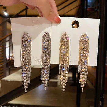 Yeni Klasik Parlak Kristal Uzun Püskül Küpe Abartılı Rhinestone Bırak Küpe Kadınlar için kore modası saplama Takı