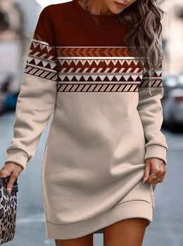 Yeni Zarif Elbise Rahat 2023 Sonbahar Zayıflama Commuting Tarzı Moda Baskılı Kontrast yuvarlak boyun kazak Elbise Kadınlar için