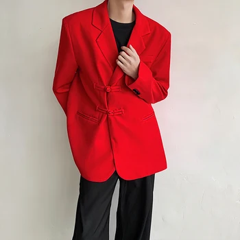 Yeni Çin Kırmızı Takım Elbise Blazer erkek Düz Renk Turn-aşağı Yaka Takım Elbise Şık Gevşek Blazers Erkek Streetwear günlük giysi Ceket