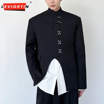 Yeni Çin Şık Erkek Blazer Düz Renk Standı Yaka Uzun Kollu Bölünmüş Mont Streetwear Kampüs Tarzı Rahat Takım Elbise