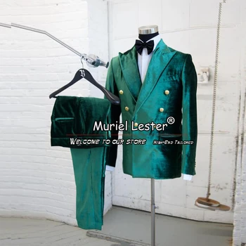 Yeşil Kadife Erkek Takım Elbise Resmi Akşam Yemeği Parti Kruvaze Blazer Pantolon 2 Parça Custom Made Altın Metal Düğmeler Ceket Slim Fit