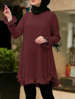 ZANZEA Kadınlar Müslüman Üstleri Rahat İslam Giyim Dubai Türkiye Gömlek Gevşek Blusas Yaz Zarif Uzun Kollu Katı Ruffles Bluz