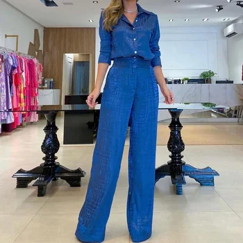 Zarif Yaka Uzun Kollu Gömlek + Yüksek Bel Düz pantolon Takım Elbise Moda Düz Renk Rahat İki Parçalı Set Sonbahar Gidip Kıyafetler