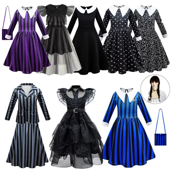 Çarşamba Addams Cosplay kadın kostümü 2023 Yeni Vestidos Çocuklar Kızlar İçin Örgü Parti Elbiseler Karnaval Kostümleri 3-10 Yaşında