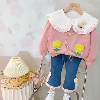 Çocuk giyim setleri Bebek Kız Çiçek Mont Dantel Gömlek Kot 3 Adet Takım Elbise Sonbahar Yürüyor Çocuk Eşofman Bebek Giysileri Kıyafetler