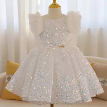 Çocuk Prenses gece elbisesi Payetli Örgü Dikiş Düğün Doğum Günü Vaftiz Paskalya Bayram Parti Kız Elbise A2659
