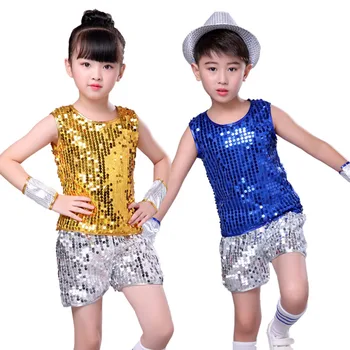 Çocuklar Caz Pullu Dans Kostümleri Erkek Kız Hip-Hop Modern Dans Performansları Giyim Seti Çocuk Jazzy Dans Giyim Sahne Giyim