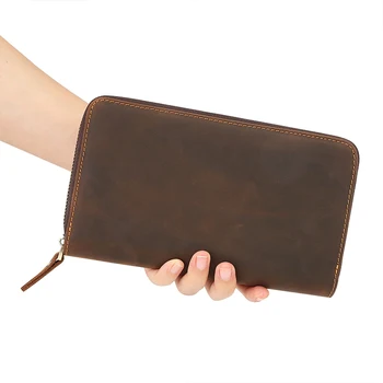 Çılgın At Deri el cüzdanı Üst Katman İnek Derisi El Kapmak Çanta Büyük Kapasiteli Retro Basit erkek Uzun Çoklu kart çantası