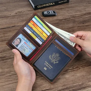 Çılgın At Deri Pasaport Kapağı Erkek Kadın Hakiki Deri Seyahat Pasaport Tutucu Kılıf Kart KIMLIK Sahipleri Mans uzun cüzdan Siyah