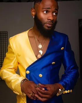 Özel Moda Saten Düğün Takımları Erkek Resmi Damat Tailcoat Mavi ile Eşleştirilmiş Sarı Erkek Balo Blazers Kruvaze Slim Fit
