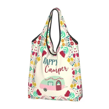 Özel Mutlu Kampçılar Van Yaşam alışveriş çantası Kadın Taşınabilir Büyük Kapasiteli Bakkal Karikatür RV Kamp alışveriş büyük el çantası Çanta