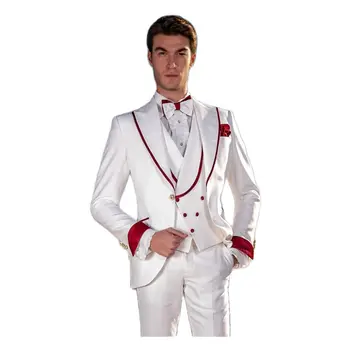 Özel Yapılmış Beyaz Erkek Takım Elbise Düğün Smokin Tepe Yaka Blazer Pantolon Damat Parti Giyim Giyim Rahat 3 Adet Ceket Pantolon Yelek