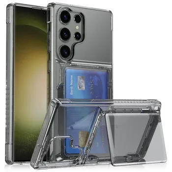 Şeffaf Kart Yuvası Tutucu Braketi Telefon Kılıfı İçin Samsung S23 Ultra S23 Artı + Standı Darbeye Dayanıklı Sert Akrilik Şeffaf Kapak